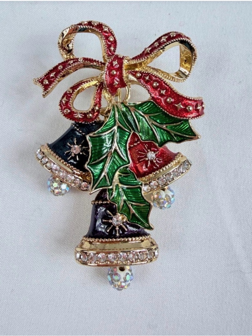 Napier Christmas Triple Bells Brooch Moving Rhinestone Clappers Enameled Jewelry